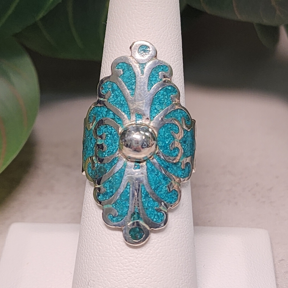Taxco Sterling Silver & Turquoise Ring Size 7 - Picture 6 of 12